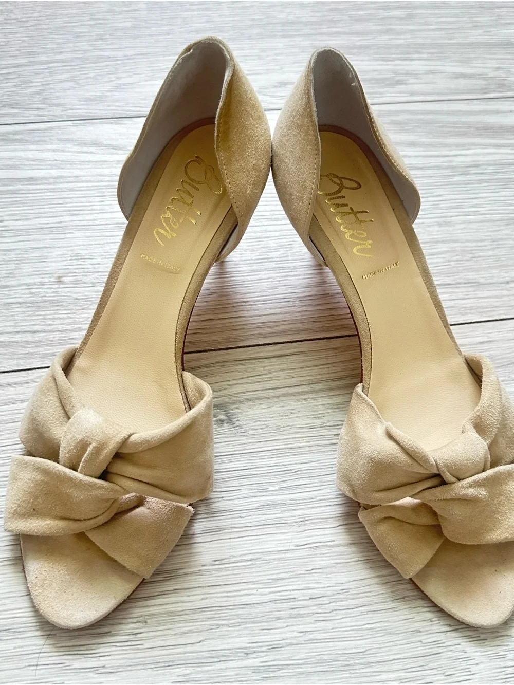 Butter Beige Suede Open Toe Heels Size 10